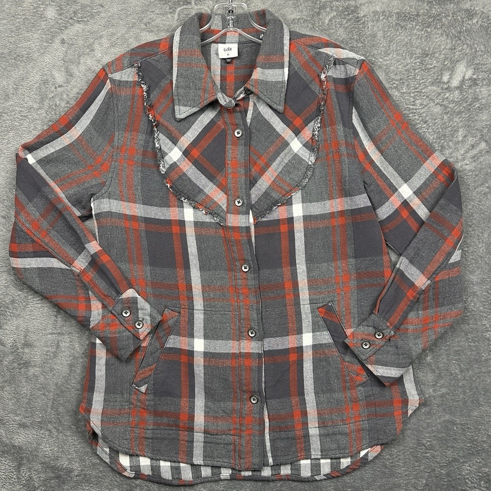 Cabi Shirt Shacket Women's Medium Gray Red Plaid Long Sleeve Ruffled Bib Western